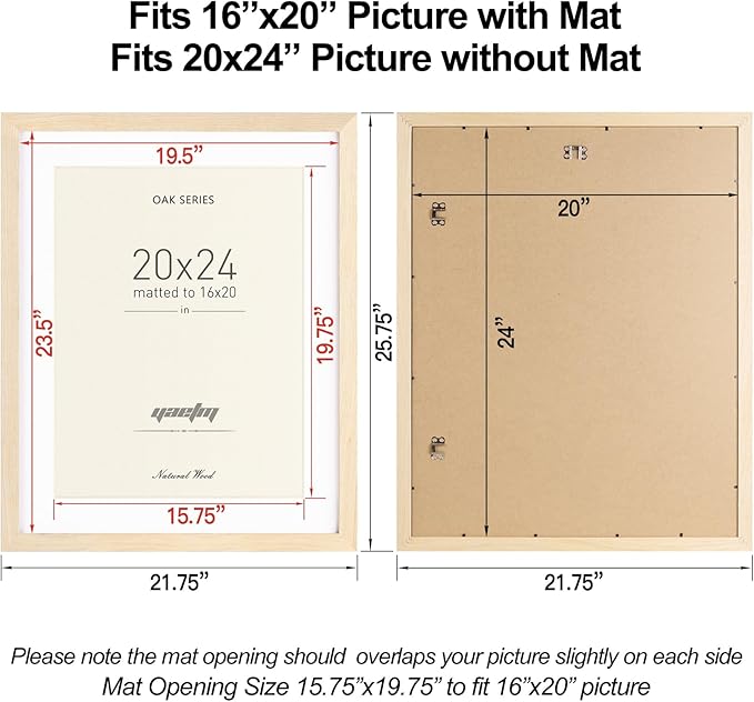 Yaetm 20x24 Picture Frame Matted to 16x20 Set of 3, Natural Solid Oak Wood Frame with Plexiglass for Wall Mount, Wide Molding (3 pack, Oak)
