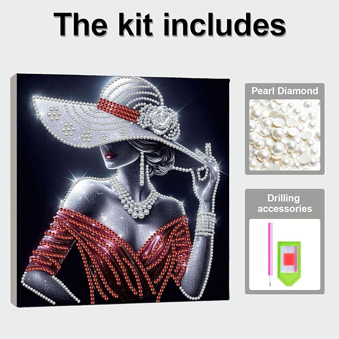 DIY Pearl Painting Kit with Wooden Frame, 3D Plastic Pearl Gemstone Ocean Art Craft for Adults Beginners, Diamond Art Kits for Adults, Home Wall Decor Ready Gift for Women(Woman in Red Dress)(30*30cm)