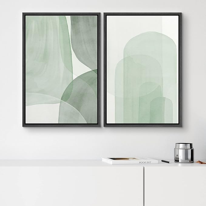 SIGNWIN Framed Canvas Print Wall Art Set Pastel Watercolor Green Polygon Collage Abstract Shapes Illustrations Modern Art Minimal Boho Colorful for Living Room, Bedroom, Office - 16"x24"x2 Black