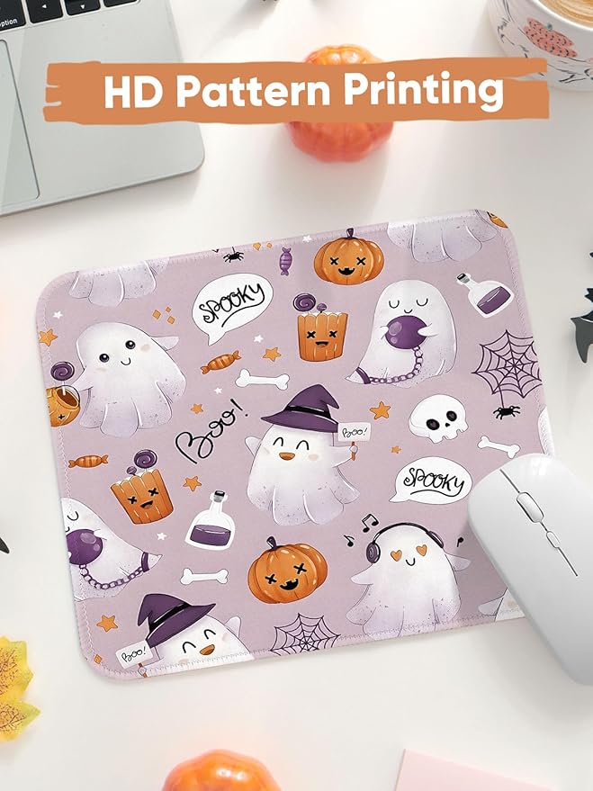Seorsok Cute Ghost Mouse Mat,Halloween Pumpkin Decor Mouse Pads for Office Laptop,Washable Square Cute Mousepads with Extended Stitched Edges Non Slip Rubber Base 9.5"x7.8"x0.12" Inch,Purple