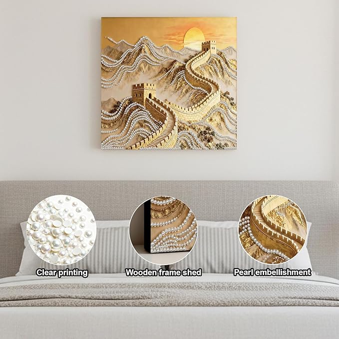 DIY Pearl Painting Kit with Wooden Frame, 3D Plastic Pearl Gemstone Ocean Art Craft for Adults Beginners, Diamond Art Kits for Adults, Home Wall Decor Ready Gift for Women(Great Wall)(30 * 30cm)