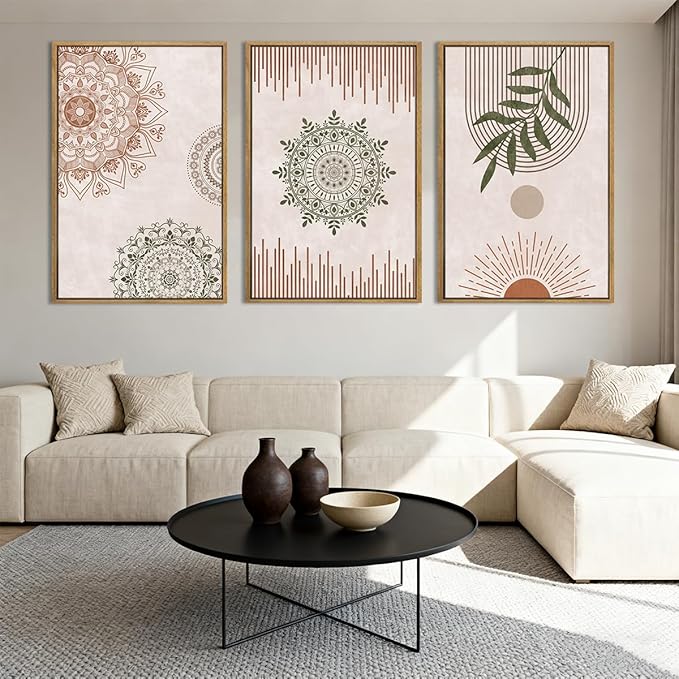Anyzal Boho Wall Art Framed Large Abstract Geometric Line Paintings Mid-century Modern Plant Wall Decor for Bedroom Living Room Office 16x24 Inches 3 Piece