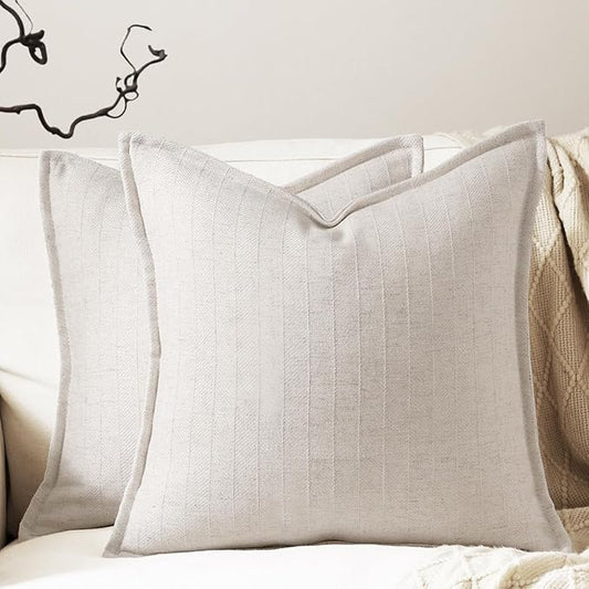 16x16 Linen Pillow Covers Beige Pack of 2 Farmhouse Boho Neutral Accents Striped Textured Square Decorative Throw Pillow Cases for Living Room Couch Bed Home Decor