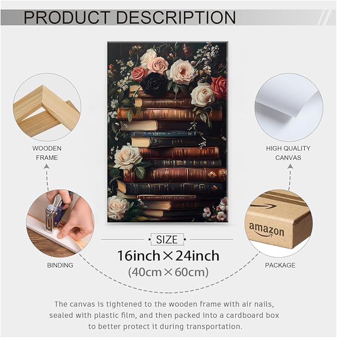Dark Academia Book Canvas Posters Moody Botanical Floral Wall Art Vintage Antique Victorian Aesthetic Oil Painting 16X24 inch Framed for Gallery Library Wall Decor