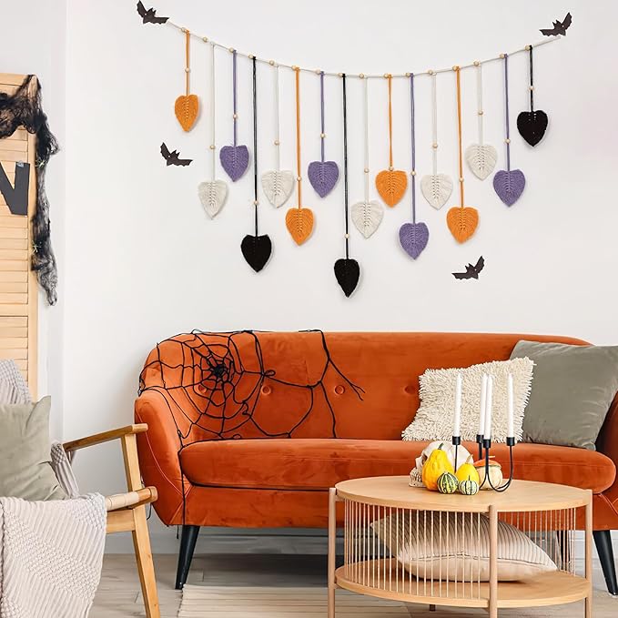 LB Fall Large Macrame Wall Hanging, Black Chic Feather with Wood Beads Boho Woven Tapestry Wall Hanging Macrame Wall Decor Handmade Purple Leaf Wall Art for Living Room Bedroom Nursery,47x30 Inch