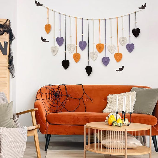LB Fall Large Macrame Wall Hanging, Black Chic Feather with Wood Beads Boho Woven Tapestry Wall Hanging Macrame Wall Decor Handmade Purple Leaf Wall Art for Living Room Bedroom Nursery,47x30 Inch