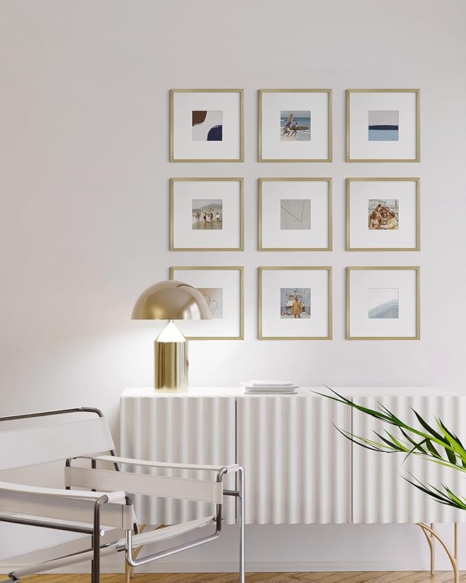 HAUS AND HUES 10x10 Gold Metal Picture Frames Matted to 5x5 - Premium Aluminum with Hanging Hardware, Shatterproof Plexiglass - Ideal for Home or Office (10x10 in, Gold, Set of 25)