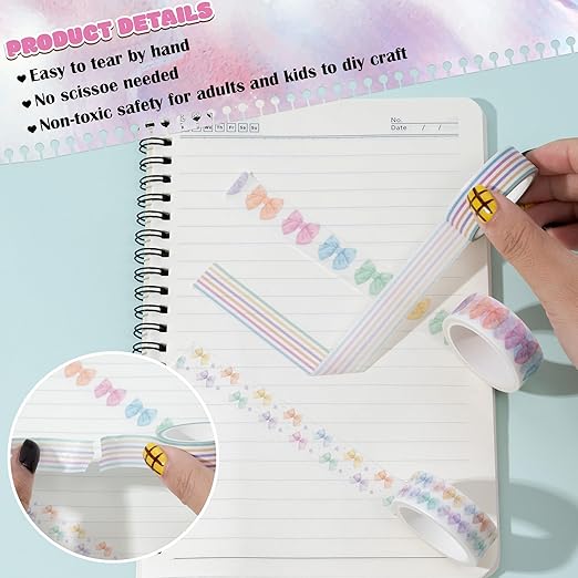 Watercolor Bow Washi Tape - 12 Rolls Pastel Preppy Aesthetic Decorative Acid Paper for Scrapbook, Journal Decor, Gift Wrapping, Photo Albums & DIY Crafts, Residue Free Easy Tear Adhesive