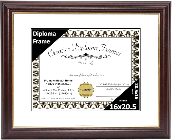 Creative Picture Frames 16x20.5 Mahogany Gold Rim Diploma Frame with White Mat Glass and Installed Wall Hangers | Frame Holds 18x22 Media without Mat