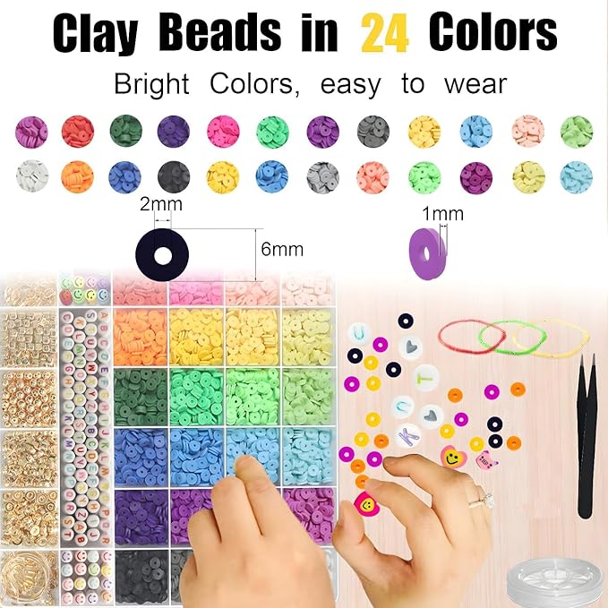 YMSDZHL 11000+PCS Clay Beads Bracelet Making Kit,24 Color DIY Flat Preppy Beads for Friendship Jewelry Making,Polymer Heishi Beads with Charms Gifts for Teen Girls Crafts for Ages 4-12