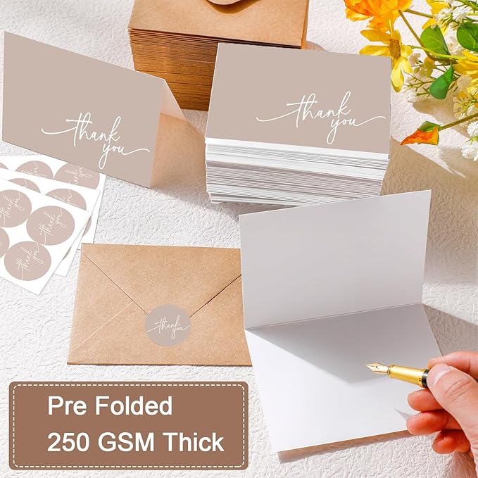 Gueevin 200 Pcs Thank You Cards with Kraft Envelopes and Stickers Bulk, 3.5 x 5 Inch Classy Blank Thank You Notes for Wedding, Business, Graduation, Baby Shower, Bridal Shower, Funeral (Khaki)