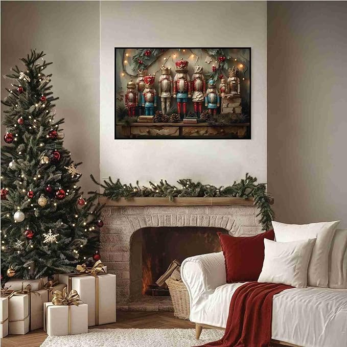 Christmas Nutcracker Vintage Wall Art Print Dark Academia Holiday Poster Winter Christmas Holiday Decor Gold Nutcracker Oil Painting Scene Indoor Decor for Offices Living Room Framed Ready to Hang