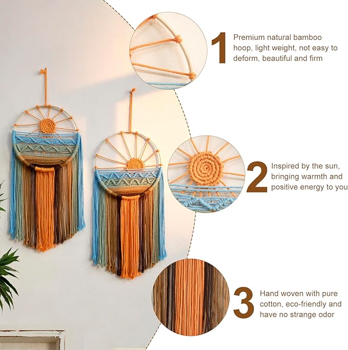 2 Pack Macrame Sun Wall Decor Hanging Tapestry Sunshine Sunset Wall Art Set, Rustic Woven Tapestries Boho Dream Catcher Colorful Decor for Bedroom Living Room Nursery (Orange 2pcs)