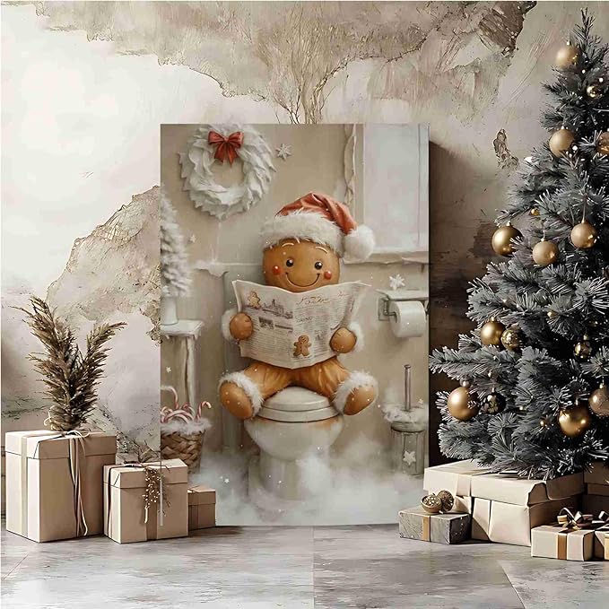 Christmas Bathroom Canvas Painting Gingerbread Man Holiday Print Santa Hat Cookie Character Wall Art Vintage Rural Art Winter print Indoor Decor for Bathroom Living Room Funny Framed Ready to Hang