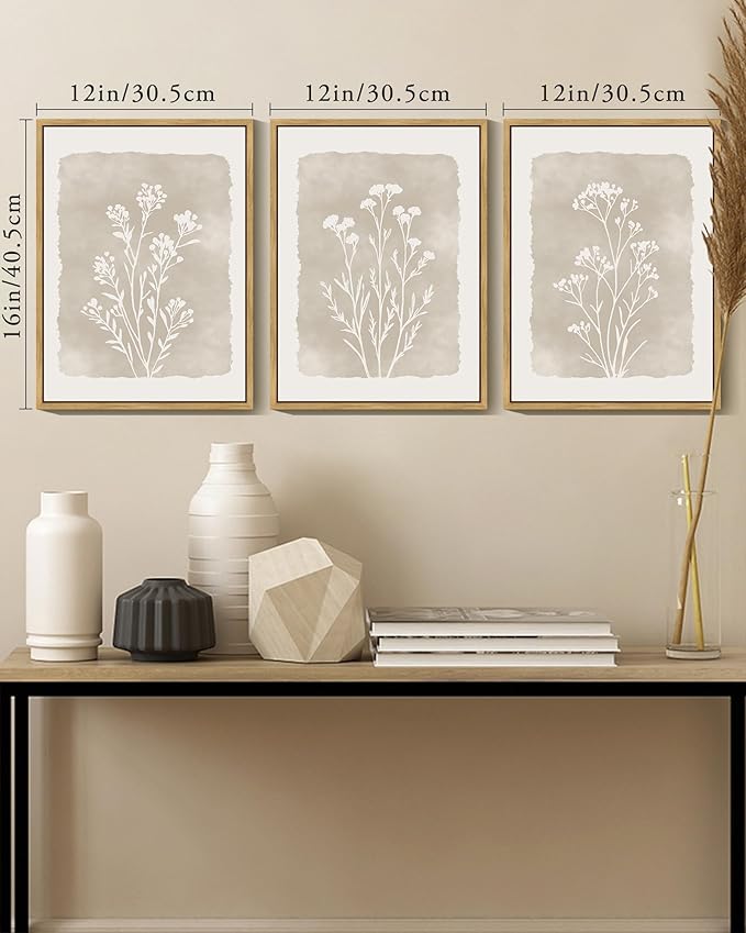 KUVIOKE Boho Botanical Flower Framed Wall Art Farmhouse Vintage Floral Wall Painting Rustic Wildflower Neutral Prints Artwork Home Decor 12x16in (Natural Framed)