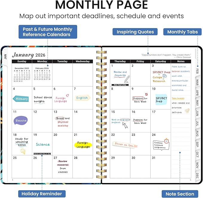 2026 Planner, Monthly and Weekly Calendar Planner for Women, Jan 2026 - Dec 2026, Hardcover Pretty 2026 Agenda Planner Book with Tabs, Spiral Bound, Perfect for School Office Home Supplies, 6.3" x 8.5" - Majestic Peacock
