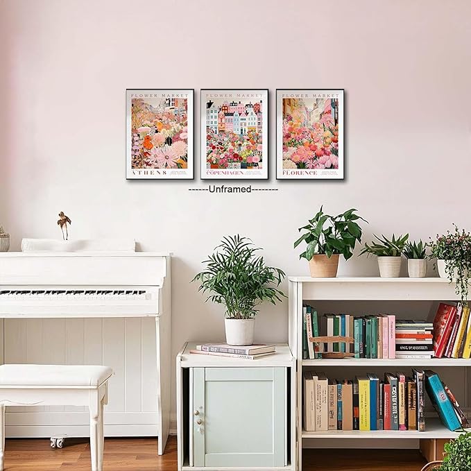 XLARTMY Flower Market Wall Art Prints Canvas Pink Floral Paintings Colorful Botanical Sunflower Artwork Travel Posters for Home Decor Pictures Set of 3 for Living Room Bedroom 12x16in Unframed