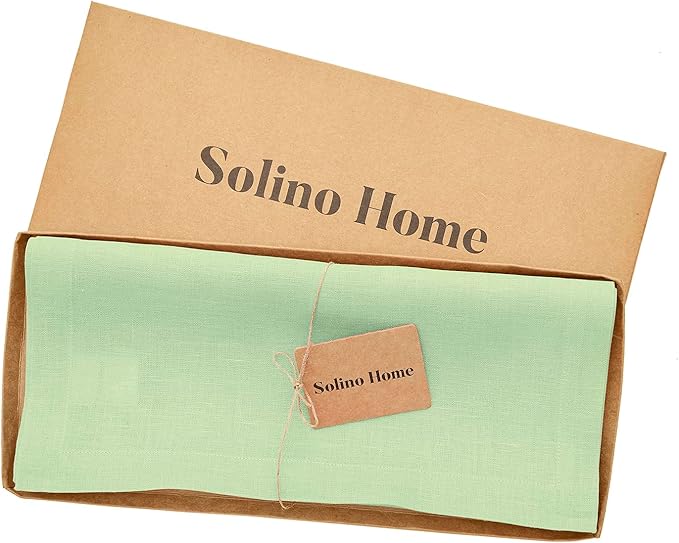 Solino Home Linen Pastel Green Table Runner 60 Inches - 100% Pure Linen Farmhouse Short Table Runner 14 x 60 Inch Ideal for Dresser and Coffee Tables, Spring, St Patricks Day, Easter - Fete