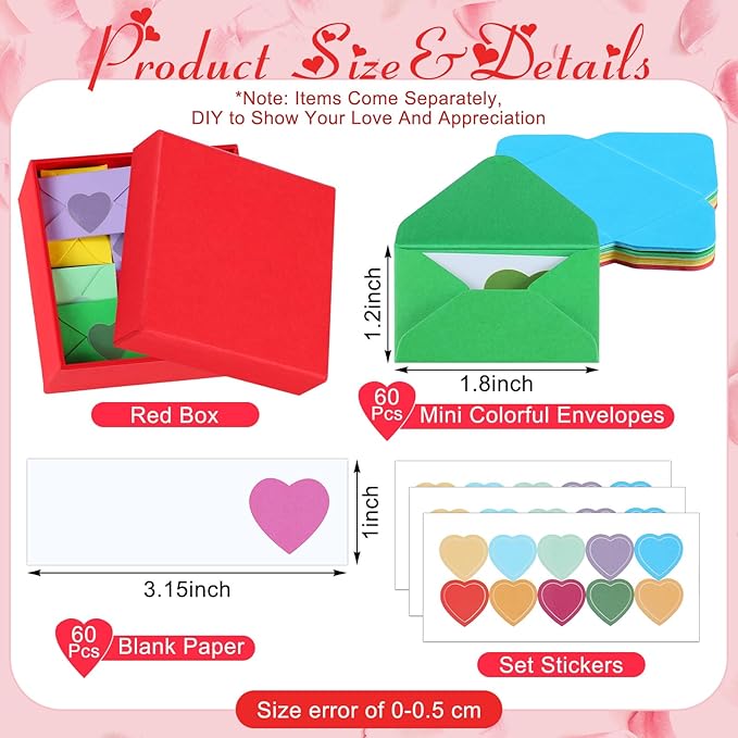 60 Set Mini Love Notes for Him Her with Envelope Valentines Day Gift Card Holder Mini Card with Envelope Long-Distance Relationship Gift for Him Her(1.8 x 1.2 Inch,Love Heart,Assorted Colors)