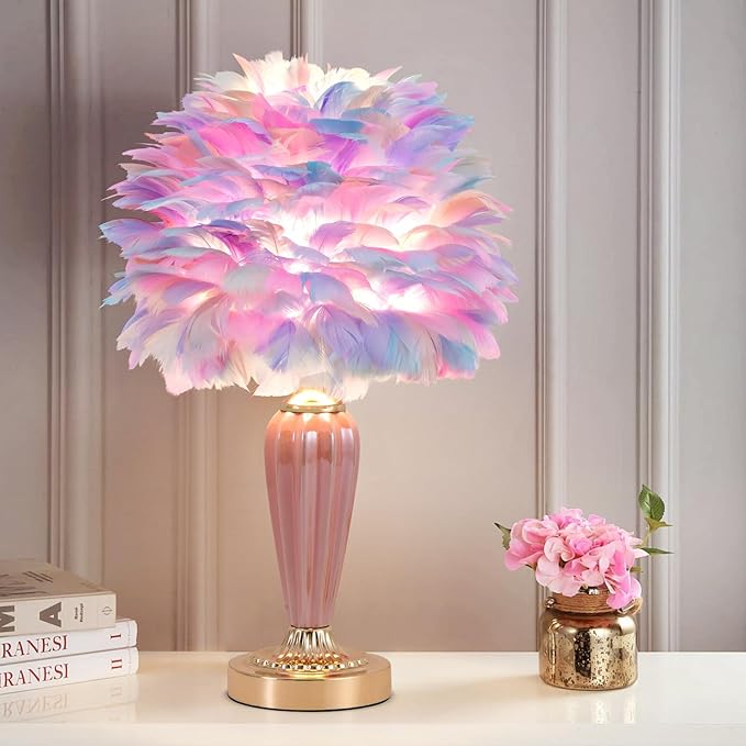 Colorful Feather Lamp Fluffy Table Lamp Furry Bedside Lamp Romantic Princess Lights Goose Feather Night Light for Bedroom Wedding Decor Valentines Dating Livingroom Hotel Office