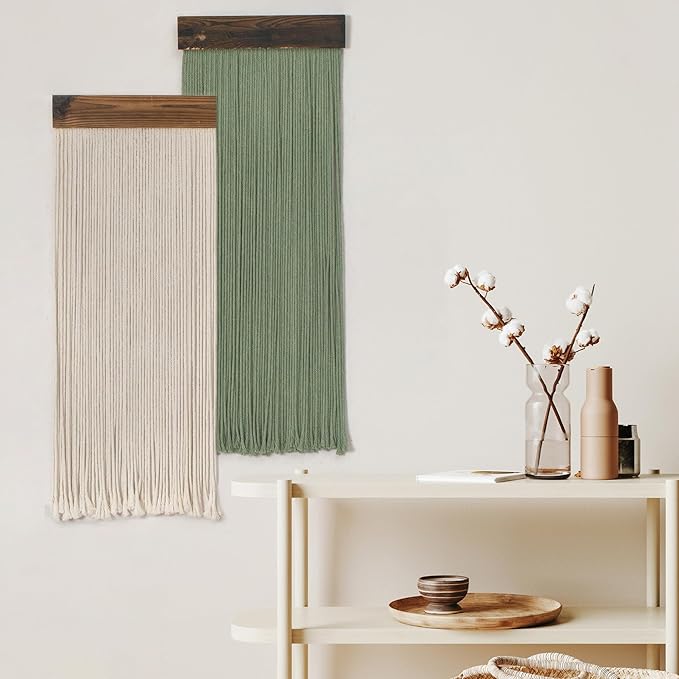 LB Beige Light Green Macrame Wall Hanging Set of 2, Boho Tapestry Wall Hanging Macrame Wall Art Handmade Yarn Woven Wall Art Modern Home Decor Headboard Wall Decor for Bedroom Living Room, 12x31 Inch