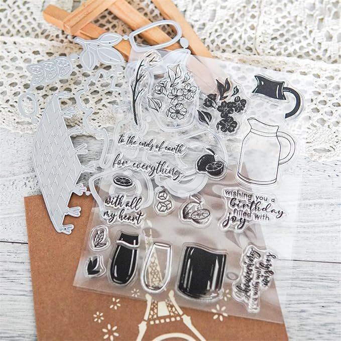 Kettle Cup Lemon Stamps and Cutting Dies for Card Making DIY Transparent Silicone Clear Stamp and Metal Die Cuts Sets for Scrapbooking Paper Greeting Cards Decor Seals Craft Supplies