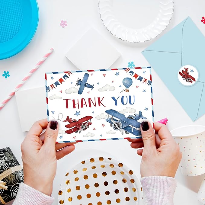 JarThenaAMCS 24 Pack Airplane Travel Thank You Card Greeting Cards with Envelopes Stickers Blank Note Card for Birthday Baby Shower Party Supplies
