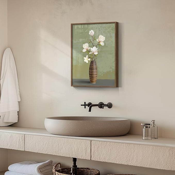 Framed Bathroom Floral Picture Wall Decor, Rustic Botanical Canvas Painting Print for Farmhouse Bathroom, Neutral Elegant Magnolia Green and White Flower Artwork for Bedroom Kitchen Home Decor, 12x16