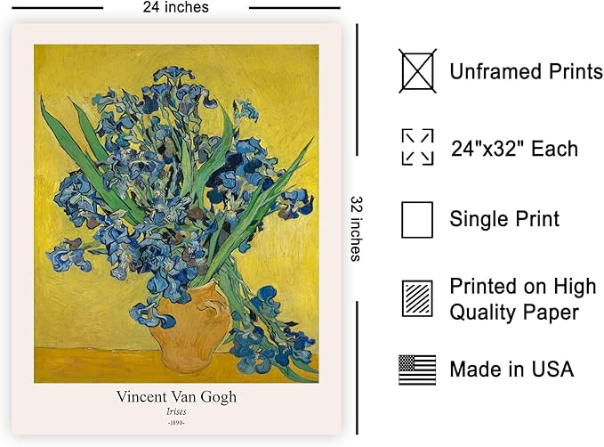 Monem Art Vintage Van Gogh Poster - Retro Irises Print - Flowers in Vase Art - Impressionism Art - Floral Art - Fine Art - Classic Painting Art - Living Room Wall Decor - 24x32 UNFRAMED Wall Art
