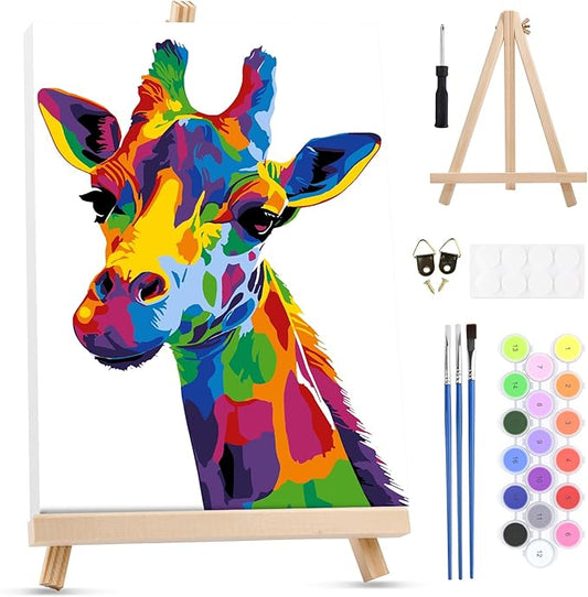 MXJSUA Giraffe Framed Paint by Numbers for Adults Beginners, Easy Adults' Paint-by-Number Kits on Canvas with Easel, Animal Acrylic Number Painting Crafts Kits Gifts for Home Decor, 8x12inch
