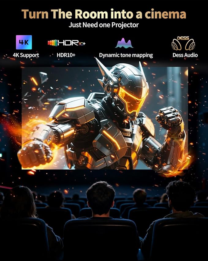 Dess C5 Enterprise GTV Projector,4K Projector With Wifi6 And Bluetooth,Home Theater projector,2500 Brightness,Built in Electric Bracket, Stereo Surround Sound,300''IMAX-Enhanced Quality