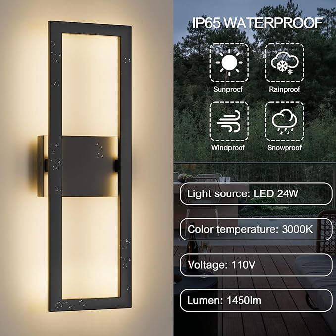 LamQee 22" Modern Outdoor Wall Lights, 3000K 1450LM Integrated LED Large Exterior Lighting Fixtures with Rectangle Frame, Matte Black Linear Outside Sconce Wall Mount for House Porch Patio Garage Door