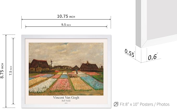 Monem Art Vintage Van Gogh Poster - Retro Bulb Fields Print - Flower Beds in Holland Art - Impressionism Art - Fine Art - Classic Painting Art - Great Bedroom Wall Decor - 8x10 White Framed