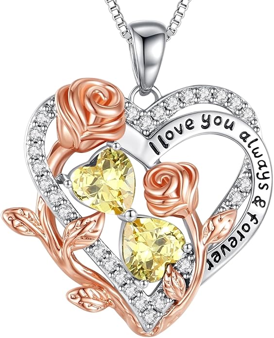 I Love You Birthstone Necklace, 925 Sterling Silver Heart Pendant with CZ Diamond Stones, Birthday Gifts for Women, Romantic Gift for Wife, Girlfriend, Her, Anniversary, Valentine's Day, Christmas