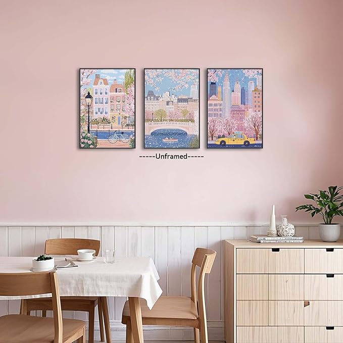 XLARTMY Watercolor City Landscape Travel Wall Art Canvas Framed Pink Cherry Flower Poster Girly Prints Painting Pictures Set of 3 for Bedroom Living Room Office 16x24in Unframed