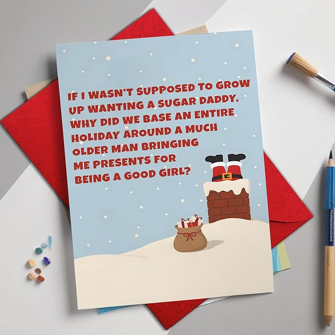 (5.3x8in) Funny Adult Christmas Card for Her, Naughty Sugar Daddy Holiday, Santa Stuck in Chimney, Festive Greeting for Girlfriend, Wife or Friend, Sexy Xmas Card with Envelope (Xmas 45)