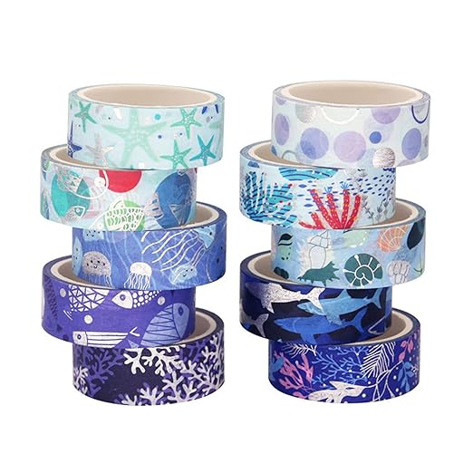 Blue Ocean Washi Tape Set 10 Rolls Bronzing Sea Decorative Masking Tapes for Scrapbooking, Bullet Journal, Planner, DIY Crafts, Gift Wrapping