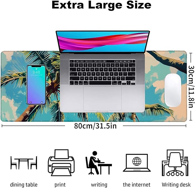 Tropical Palm Tree Gaming Mouse Pad, Office Desk Mat, Anti-Slip Rubber Base Cool Aesthetic Mouse Pads for Computer Laptop Keyboard School Home Desktop Gamer Home Accessories Decor 31.5" x 11.8"