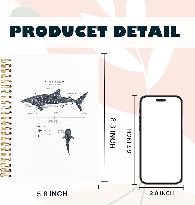 Whale Shark Notebook Journal for Note Taking, Marine Biology Gifts, Ocean Animal Beach Spiral Notebook, Ocean Themed Gifts, 5.5x8.3 Inch