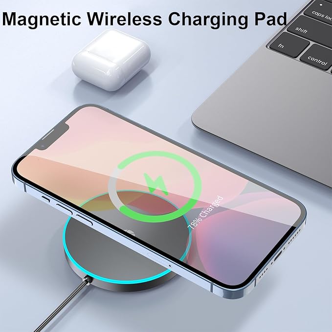 for MagSafe Charger with LED, 15W Magnetic Wireless Charging Pad for iPhone 17 16 15 14 13 12 Air Pro Max Plus mini/AirPods 2 3 Pro, Slim Portable Strong Magnet Quick Charger, Dual USB-C/A Ports-Black