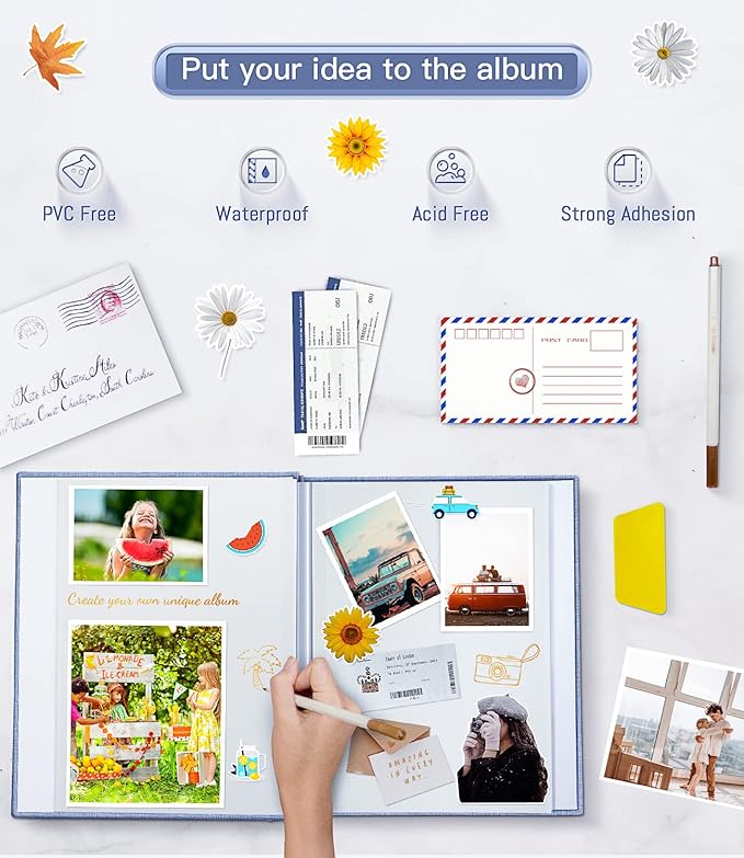 popotop Photo Album Self Adhesive with Picture Display Window,60 Pages DIY Scrapbooking Supplies Kit for 4x6 8x10 Picture,Linen Cover Memory Book for Baby Wedding, with Scraper and Metallic Pen