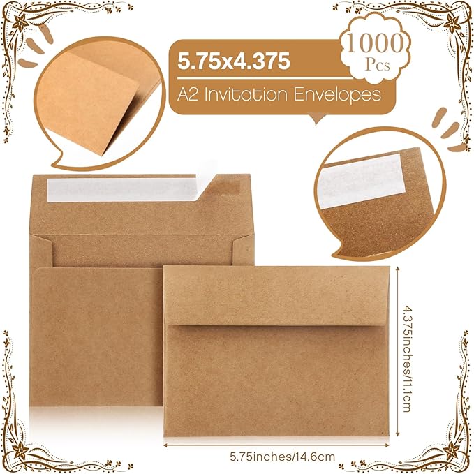 Fainne 1000 Pack Brown Envelopes Bulk, Kraft Envelopes for Invitation, 120 GSM Gift Card for Office, Gift, Party, Baby Shower, Wedding (A2,5.75 x 4.375")