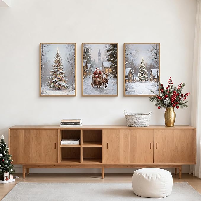 HPNIUB Happy Christmas Framed Wall Art Set, Elk Santa Claus Wall Decor, Winter Snowy Landscape Nature Painting, Neutral Christmas Scene Art Prints for Xmas Festival Fireplace Decor-16 x 24 x3