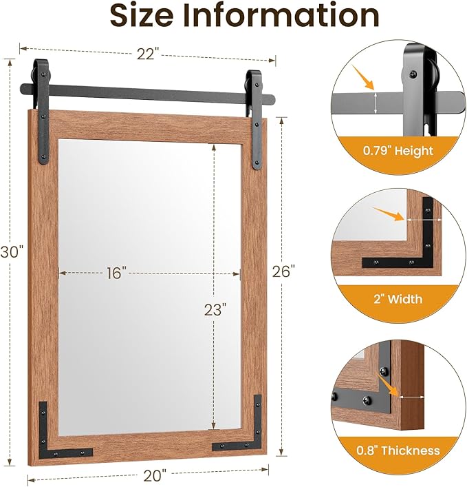 22x30 Inch Brown Farmhouse Barn Door Mirror with Solid Wood Frame, Shatterproof Glass, No Assembly Required – Perfect for Farmhouse Style Decor