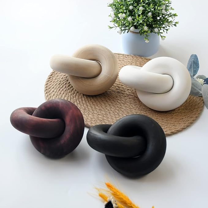 YiLiiod Wooden Knot for Coffee Table Decor Shelf Decor Boho Home Decor Statues, Modern Farmhouse Bookshelf Decorative Objects Wood Chain Link for Living Room- Black