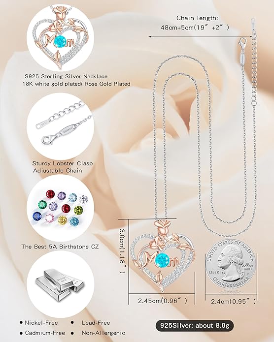 Mothers Day Gifts for Mom - Rose Heart Necklaces for Women, 925 Sterling Silver Birthstone Jewelry to My Wife Necklace, Birthday Gifts for Mother Grandma Girlfriend Her