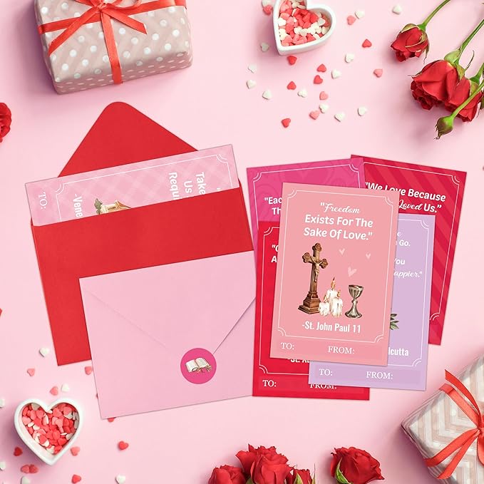 TICIAGA 144pcs Valentine's Day Catholic Church Greeting Cards with Envelop Retro Religious Sticker for Kid Bible Books Notecard Exchange Gifts for Boys and Girls Christian School Classroom Party Favors