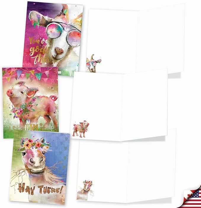 The Best Card Company - 20 Assorted Bulk Animal Cards Boxed (4 x 5.12 Inch) (10 Designs, 2 Each) - Sassy Animals AM8850OCB-B2x10