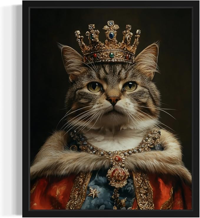 Royal Crown Cat Art Poster Print, Cat Kitten Painting Humor Portrait Pet Artwork Decor Gallery A8 (Royal Crown, 8 x 10 inches, Unframed)