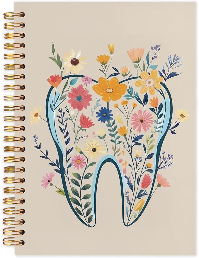 WUCHJ Dentist Gifts Notebook Journal, Dental Assistant Office Gifts for Women, Brown Floral Tooth Dental Spiral Notebook Journal for Note Taking, Dentist Office Supplies, 5.5x8.3 Inch